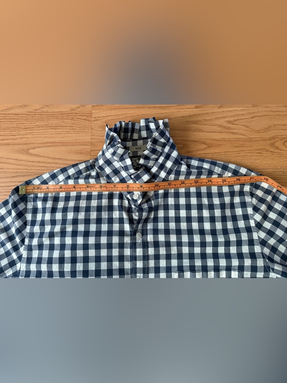 Upcycled J. Crew Navy and White Gingham Button-Down Shirt with Ruffle Neck - Picture 11 of 14